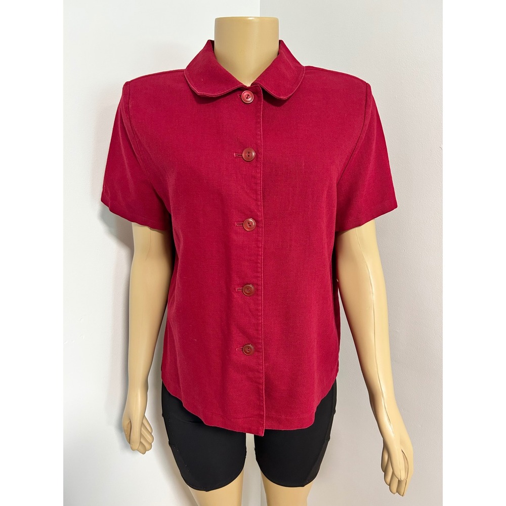 Vintage 90s Y2k Sage Harbor Red Linen Cotton Short Sleeve Button Down Shirt Med